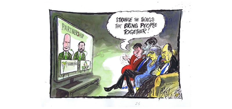 &nbsp;Ian Knox cartoon 25/1/19: Fianna F&aacute;il and the SDLP meet in Belfast to launch their new partnership. Significant was the space not occupied by Claire Hanna