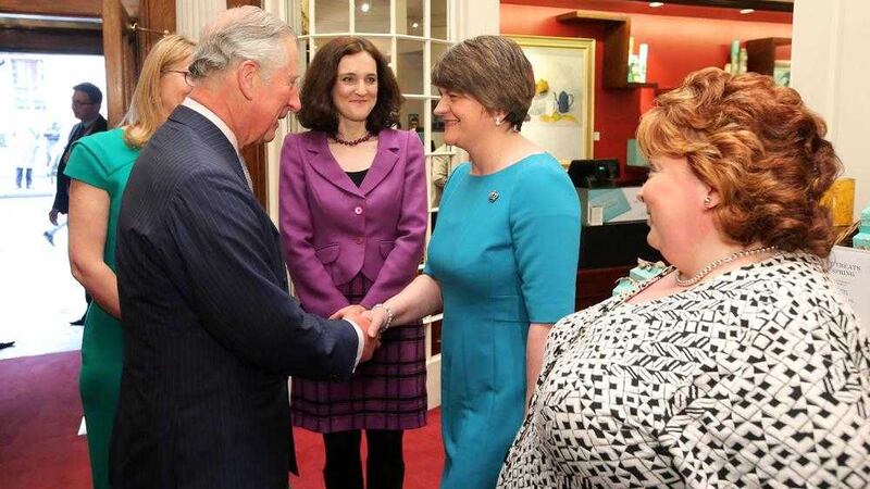 Prince Charles and First Minister of Northern Ireland Arlene Foster visit Fortnum &amp; Mason in Piccadilly, London to celebrate the Northern Ireland Year of Food and Drink 2016. They are pictured with the Secretary of State for Northern Ireland and actor James Nesbitt, during a tour of the store where they learned more about some of the Northern Ireland produce on sale, and meeting staff and food producers. 