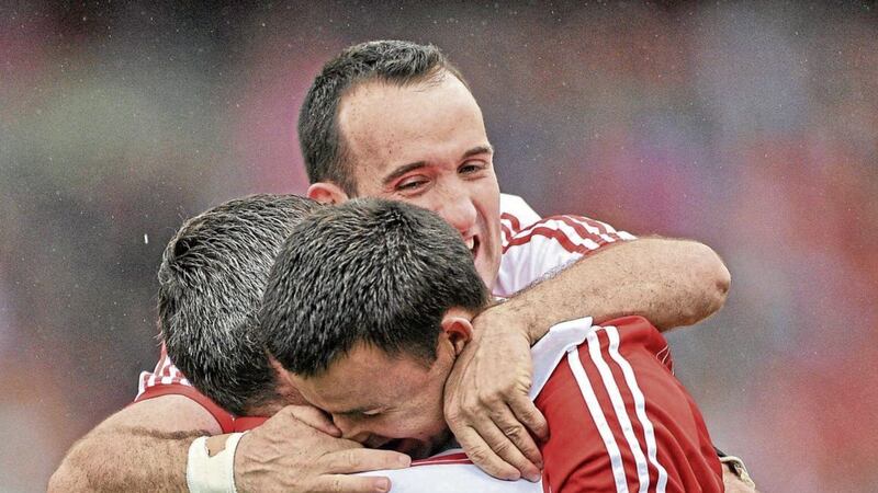 Kieran O&rsquo;Connor celebrates with Cork skipper Graham Canty (left) and goalkeeper Alan Quirke (right) after the Rebels&rsquo; victory over Down in the 2010 All-Ireland SFC final. Kieran now faces an uncertain future due to a rare form of bone cancer but, like many others, goes forward in his battle with the unswerving support of both his immediate family and his GAA family 