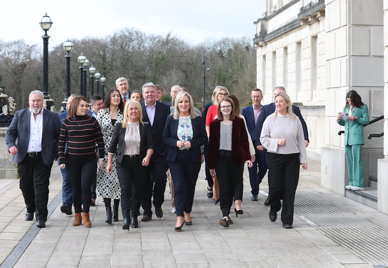 First minister Michelle O’Neill with her Sinn Fein MLA’s pictured on the first day back in the  assembly at Stormont on Tuesday.
PICTURE COLM LENAGHAN