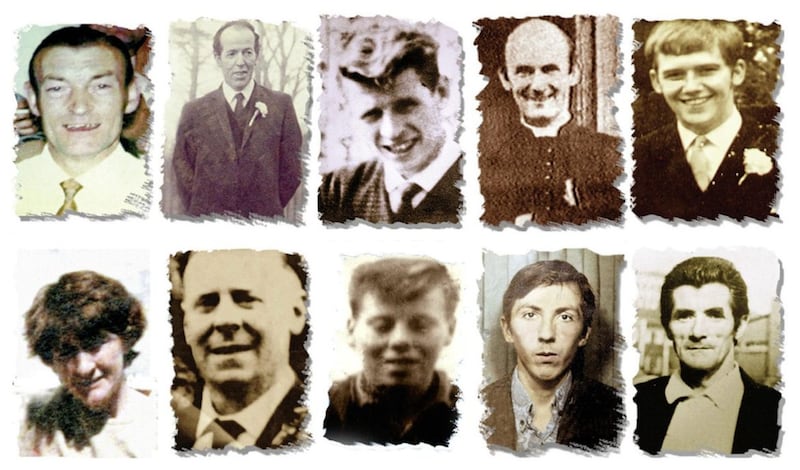 The 10 victims of the 1971 Ballymurphy Massacre. Top row, from left, Joseph Corr, Danny Teggart, Eddie Doherty, Fr Hugh Mullan and Frank Quinn. Bottom row from left, Joan Connolly, John McKerr, Noel Phillips, John Laverty and Joseph Murphy