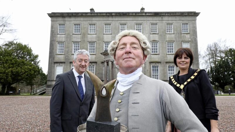 Pictured at the Palace Demesne in Armagh are Tourism NI chief executive John McGrillen and Armagh, Banbridge and Craigavon Council mayor Julie Flaherty with Marcellus Kearney as The Butler 