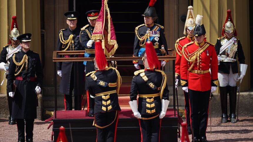 The King, accompanied by the Princess Royal, presents the new sovereign’s standard to The Blues and Royals (Yui Mok/PA)