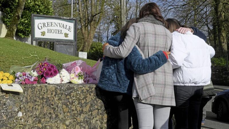Friends comfort each other at the Greenvale Hotel in Cookstown on Monday after the previous night&#39;s tragedy. Picture by Justin Kernoghan/Photopress 