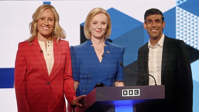 The BBC&#39;s Sophie Raworth with Liz Truss and Rishi Sunak &ndash; not cardboard cut-outs, honest. 