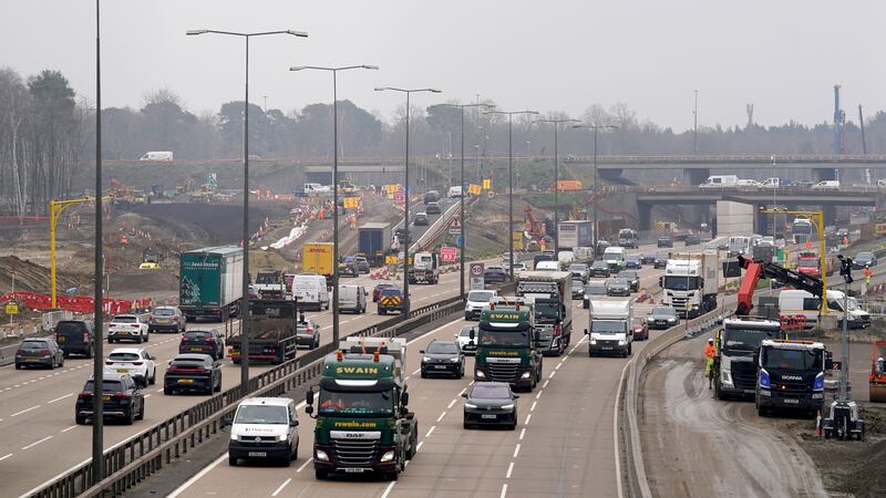 A view of traffic approaching junction 10 of the M25 in Surrey during a site visit ahead of a planned closure of both carriageways from 9pm on Friday March 15 until 6am on Monday March 18. Picture date: Monday March 11, 2024.