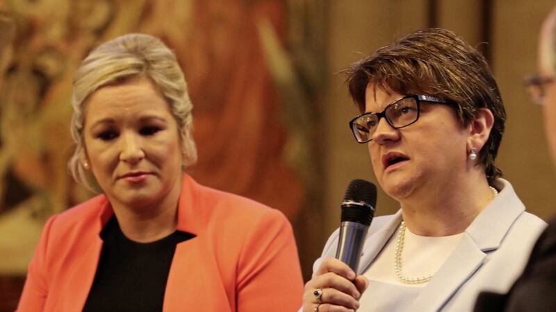 DUP leader Arlene Foster and Sinn F&eacute;in&#39;s northern leader Michelle O&#39;Neill at a Tory party conference fringe event in Manchester. Picture by Owen Humphreys, Press Association 