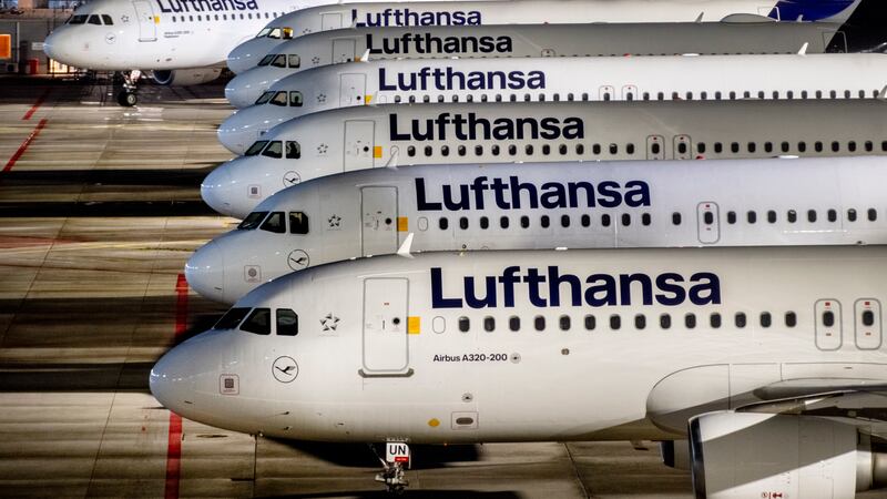 Lufthansa aircraft parked at the airport in Frankfurt, Germany (Michael Probst/AP)