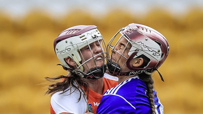 Armagh&#39;s Tierna Maguire and Shanise Fitzsimons of Cavan clash during last year&#39;s Glen Dimplex All-Ireland Premier Junior Camogie Championship semi-final in Tullamore Picture by INPHO/Evan Treacy 