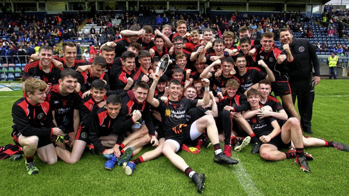 Tyrone players celebrate winning the U17 FC final yesterday against Cavan Picture by Seamus Loughran 
