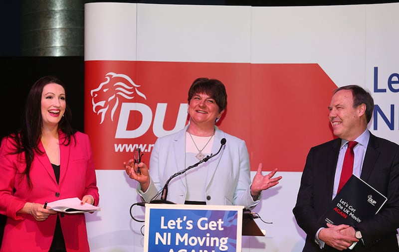 DUP manifesto launch at the W5 Science &amp; Discovery Centre in Belfast. (left to right) South Belfast Westminster candidate Emma-Little Pengelly, leader Arlene Foster and North Belfast candidate Nigel Dodds. Picture by Mal McCann&nbsp;