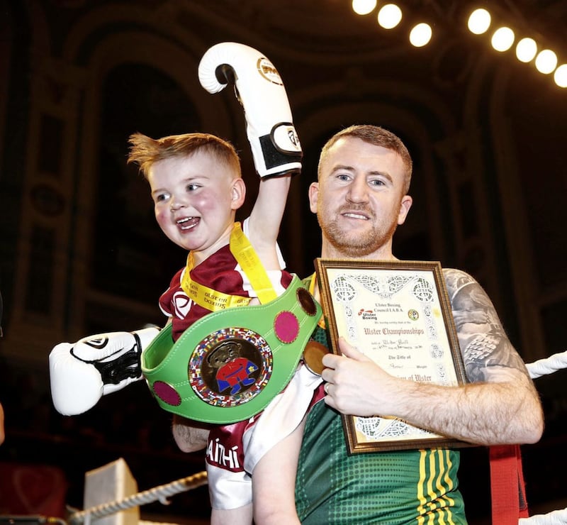 D&Atilde;&iexcl;ith&Atilde;&shy; Mac Gabhann who is urgently waiting on a heart transplant, with Paddy Barnes at the beginning of the Ulster Elite Championship 2020 in the Ulster Hall Belfast. Pic Philip Walsh. 