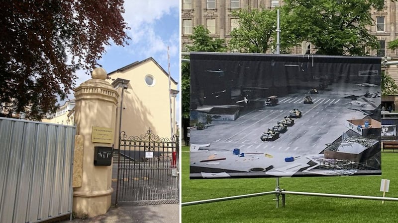 The Chinese Consulate in south Belfast, and right, the image of Tiananmen Square at Belfast City Hall, which the consulate put pressure on the city council to remove 