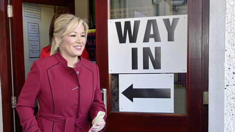 Sinn Fein Assembly leader Michelle O'Neill at St Patrick's Primary School polling station, Clone Co. Tyrone, Northern Ireland after casting her vote. Picture By: Arthur Allison. Pacemaker.