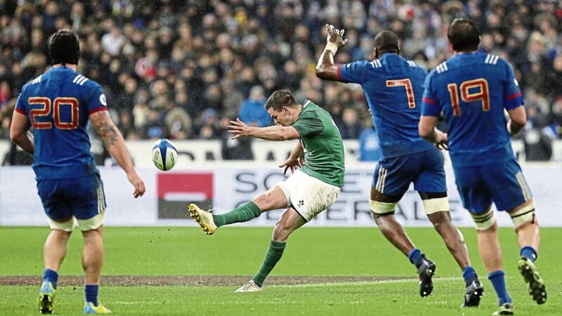 Ireland&#39;s Johnny Sexton scores the winning drop goal during the NatWest 6 Nations match at the Stade de France, Paris in February. Sexton was named RTE Sportsperson of the Year on Saturday night 