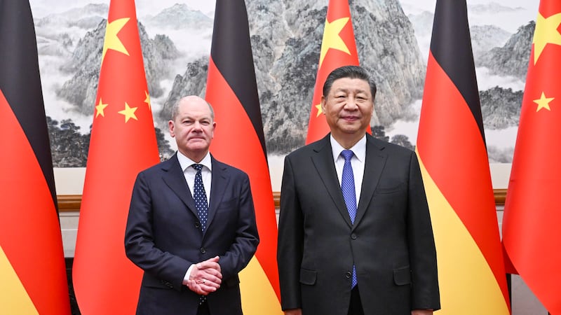 German Chancellor Olaf Scholz and Chinese President Xi Jinping at the Diaoyutai State Guesthouse in Beijing, China (Xie Huanchi/Xinhua via AP)