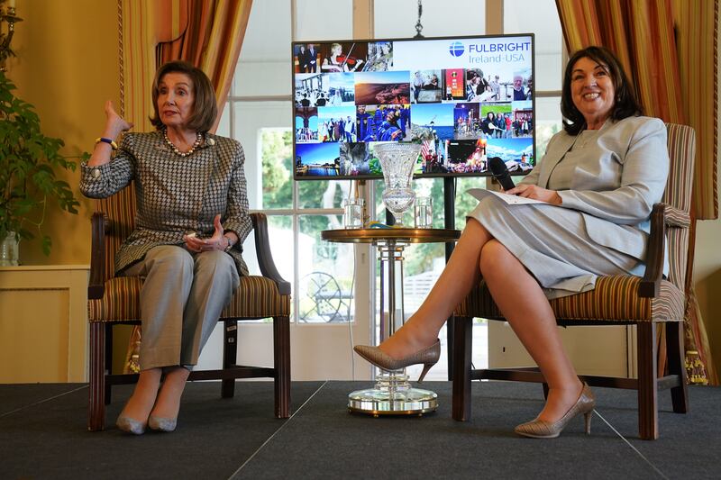 Former Speaker of the US House of Representatives Nancy Pelosi at a meeting with US Ambassador to Ireland Claire Cronin at the ambassador’s residence, Phoenix Park, Dublin