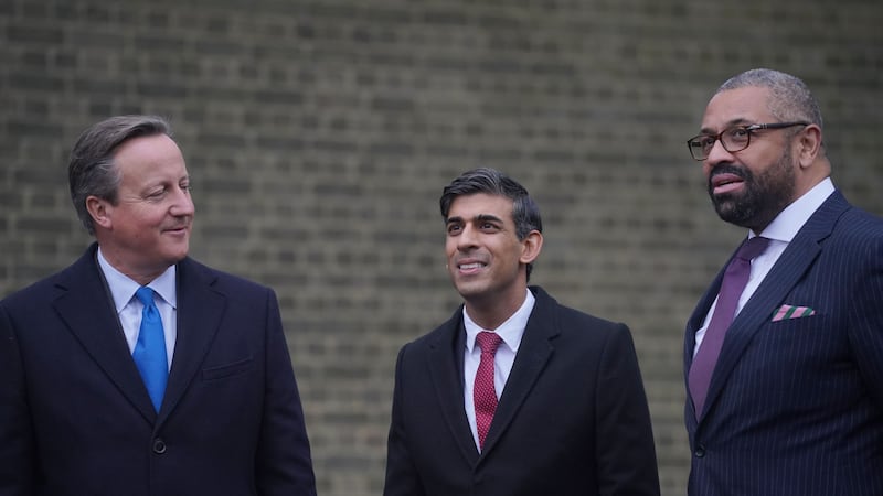 (Left to right) Foreign Secretary Lord David Cameron, Prime Minister Rishi Sunak and Home Secretary James Cleverly together during the last week (Victoria Jones/PA)