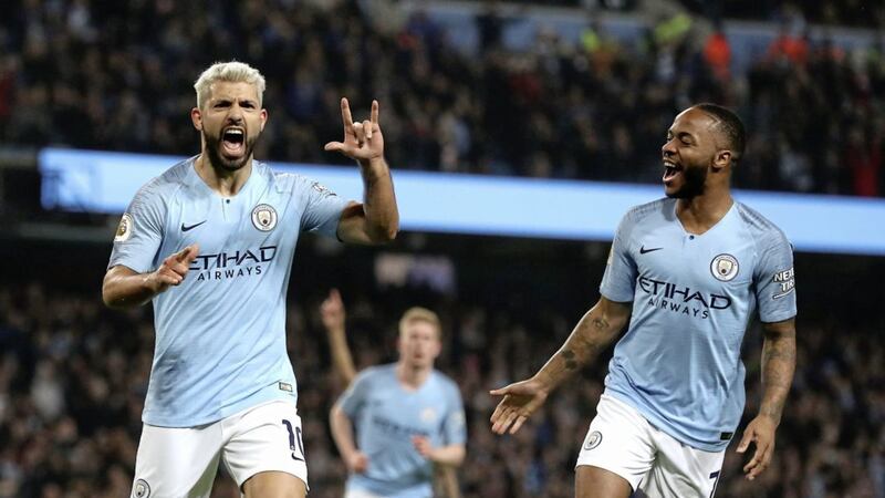 Manchester City&#39;s Sergio Aguero celebrates his winning penalty against West Ham 