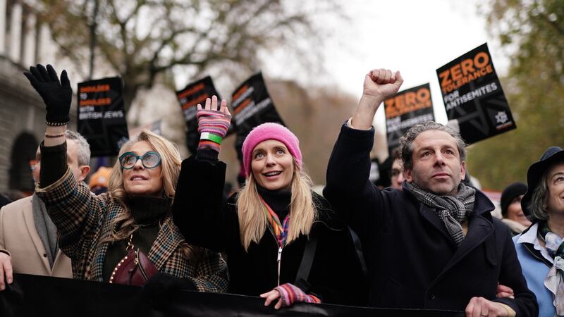 Tracy-Ann Oberman (left) and Rachel Riley (centre) take part in a march against antisemitism organised by the volunteer-led charity Campaign Against Antisemitism at the Royal Courts of Justice in London in November