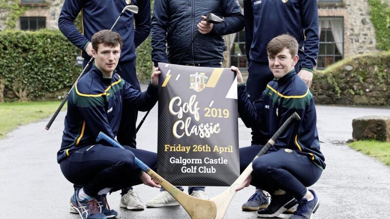 Antrim hurlers Ronan Molloy (Dunloy), Conor McCann (Creggan), Paddy Burke (Cushendall) and Conor McHugh (Cushendun) with Barrie McGoldrick, PGA professional at Galgorm Castle Golf Club