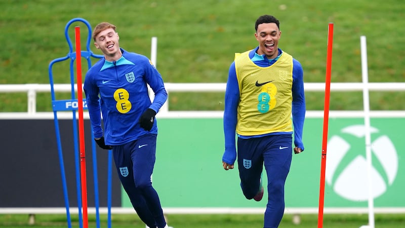 England’s Cole Palmer (left) and Trent Alexander-Arnold during a training session at St. George’s Park, Burton upon Trent (Nick Potts, PA)