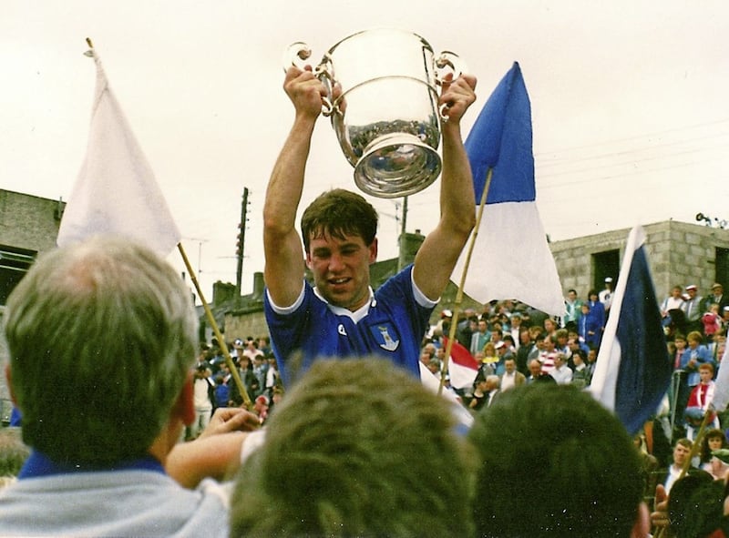 Ciaran Murray hoists aloft the Anglo-Celt Cup after Monaghan&#39;s 1988 Ulster final victory over Tyrone. Picture by Conor Greenan 