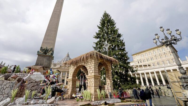 The nativity scene in St Peter&#39;s Square at the Vatican this year comes from the Huancavelica region in Peru. The 28 meter tall tree - said to be 113 years old - is a gift from the city of Andalo in Trentino Alto Adige-South Tyrol region, northeastern Italy. Picture by AP Photo/Andrew Medichini 