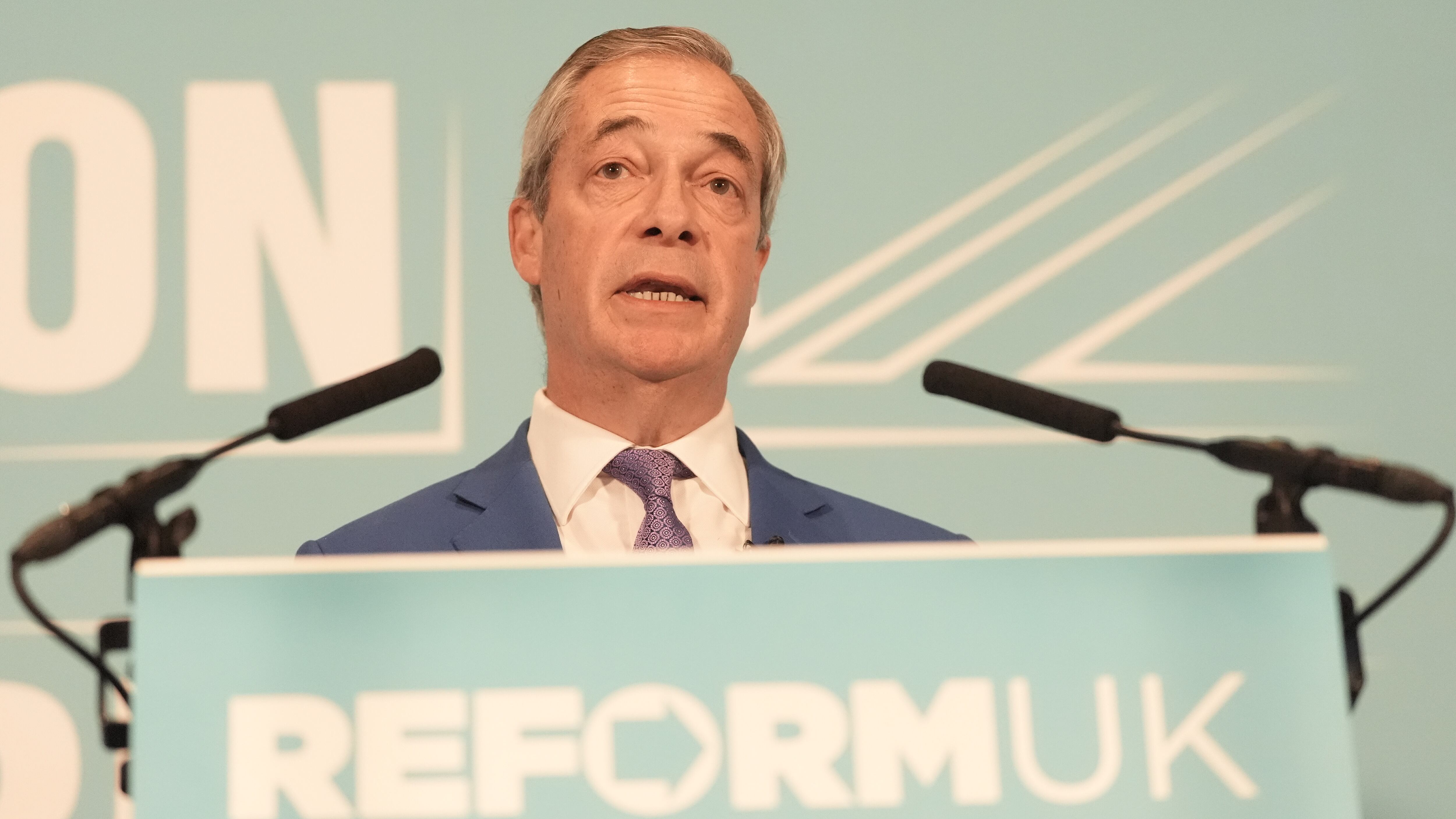 Reform UK leader Nigel Farage during a press conference at Glazier’s Hall Southwark, south London