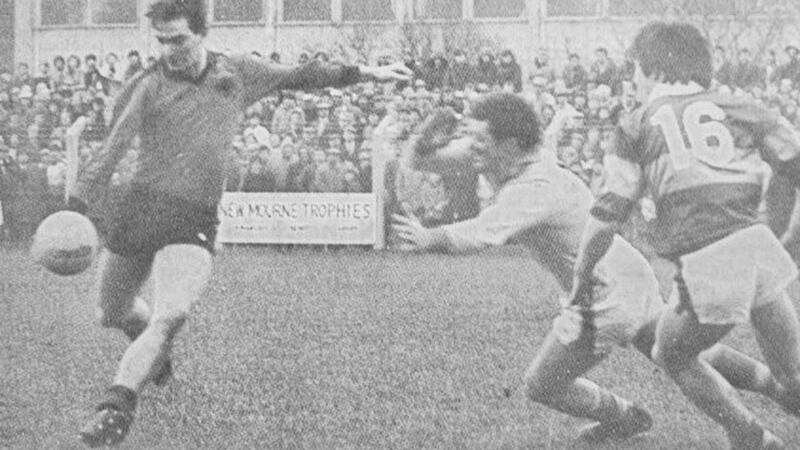 Brian Conlon has a shot saved by Kerry goalkeeper Charlie Nelligan - but Down still won by 1-16 to 0-8 to top Division One in the 1985-86 National Football League. Pic courtesy of Ciaran Conlon 