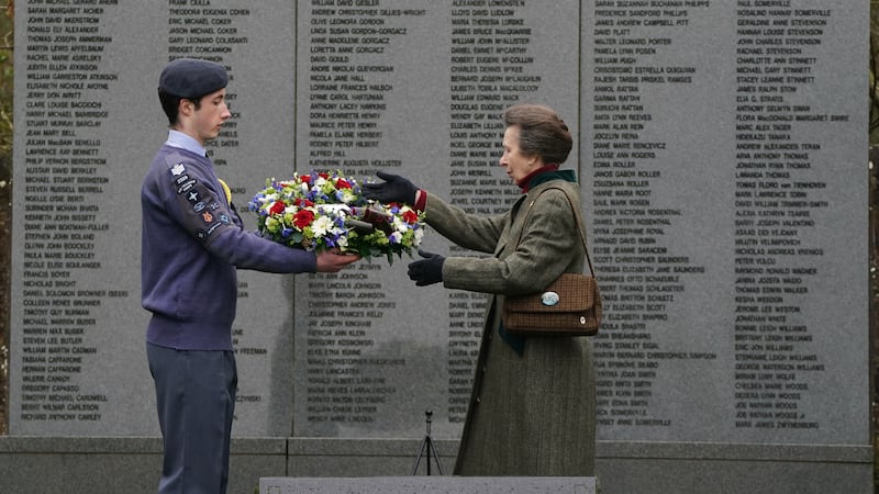 The Princess Royal lays a wreath at the Lockerbie Air Disaster Memorial in the Lockerbie Garden of Remembrance