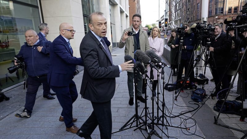 Secretary of State Chris Heaton-Harris speaking to the press on a Belfast street yesterday. Pictutre byBrian Lawless/PA Wire.              