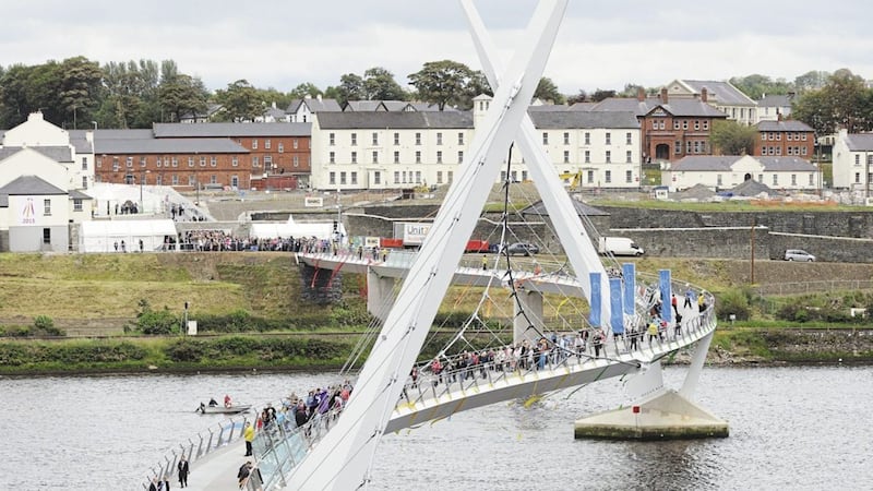 Derry&#39;s Peace Bridge was awarded funding from the European Union&#39;s PEACE III Programme managed by the SEUPB. Picture by Michael Cooper 