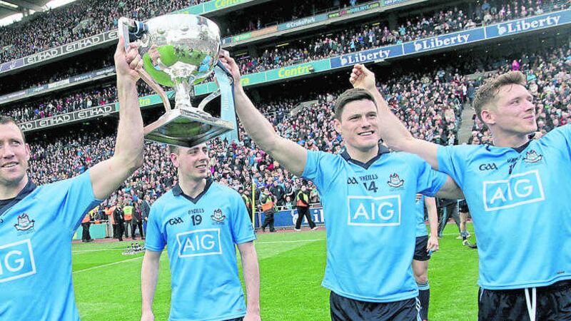 Dublin's Denis Bastick, Cormac Costello and Diarmuid Connolly celebrate after last Sunday's win over Kerry in the National Football League Division One final at Croke Park <br />Picture by Colm O'Reilly