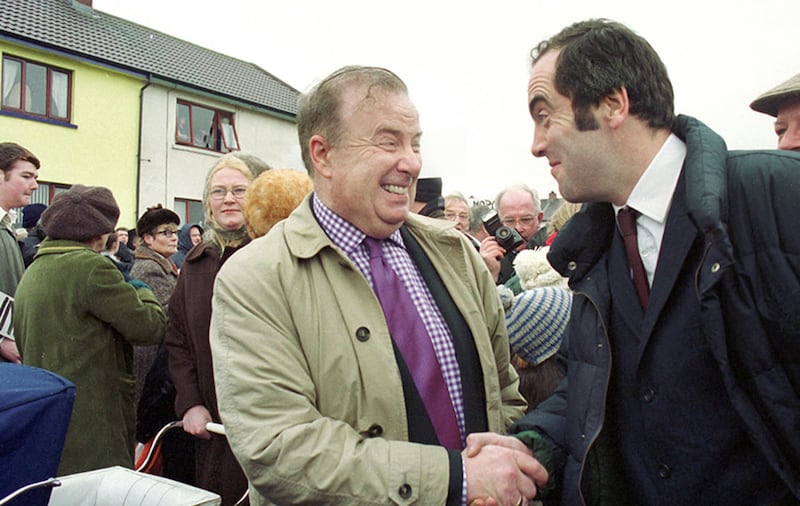 Ivan Cooper meets James Nesbitt in 2002 as the actor was filming Bloody Sunday in Derry. Picture by Margaret McLaughlin&nbsp;