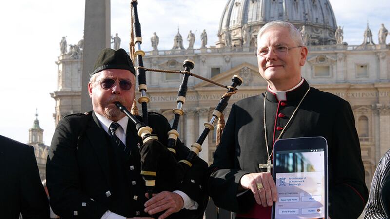 Archbishop Leo Cushley (right) of St Andrews and Edinburgh in Vatican City with pipe sergeant Mauro Nenci of the City of Rome Pipe Band, launching Mass and confession finder app 'Catholic' which allows users to find their soonest or nearest Mass and be guided to it via GPS 