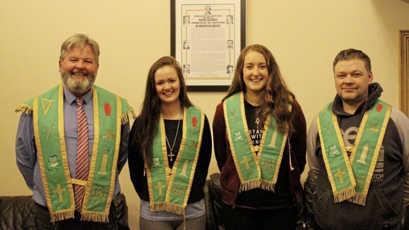 Tyrone AOH president Gerry McGeough pictured with members of the order&#39;s new Irish language division. Craobh na nGael  