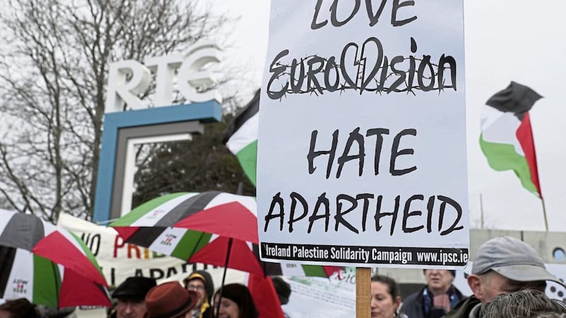 A boycott the Eurovision in Israel protest organised by Palestinian rights campaigners takes place at RTE studios in Dublin. Picture by Brian Lawless/PA 