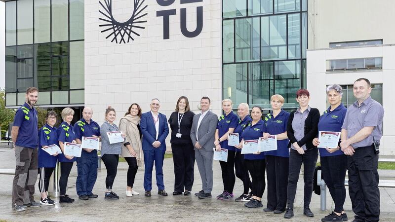 Mattie O&#39;Grady, head of cleaning at Mount Charles RoI, Fiona O&#39;Connor, estates department administrator SETU, and David Buckley estate manager SETU Carlow, with members for the cleaning staff at SETU Carlow. Picture: Thomas Nolan 