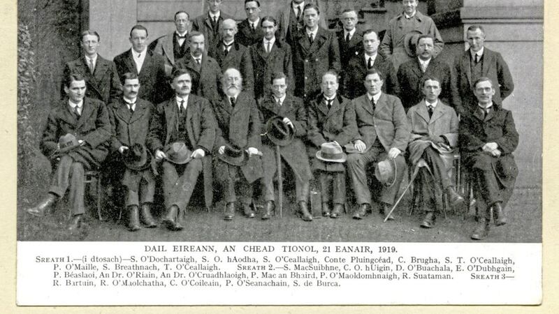 A postcard photograph of members of D&aacute;il &Eacute;ireann at its first meeting in the Mansion House, Dublin on January 21, 1919. The photograph is among memorabilia on show at a year-long centenary exhibition in the National Museum of Ireland. Picture courtesy of the museum. 