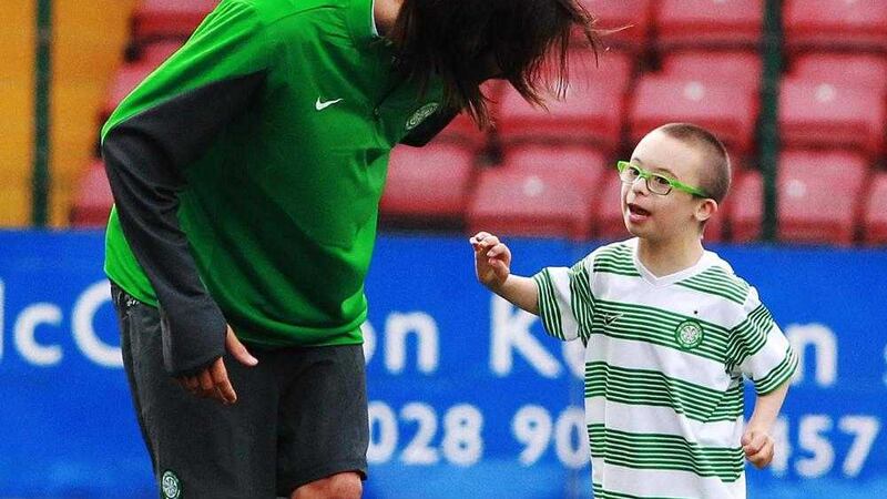 Jay Beatty from Lurgan pictured with former Celtic striker Georgios Samaras 