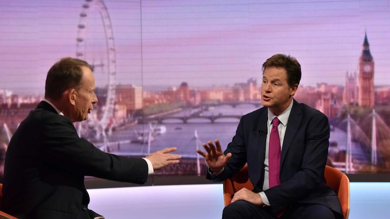 &nbsp;Andrew Marr (left) and former deputy prime minister Nick Clegg appearing on the BBC One current affairs programme, The Andrew Marr Show. Picture by Jeff Overs, BBC/Press Association