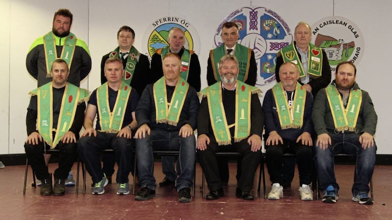Members of the new Molly Maguire division in Greencastle with Co Tyrone AOH president Gerry McGeough 