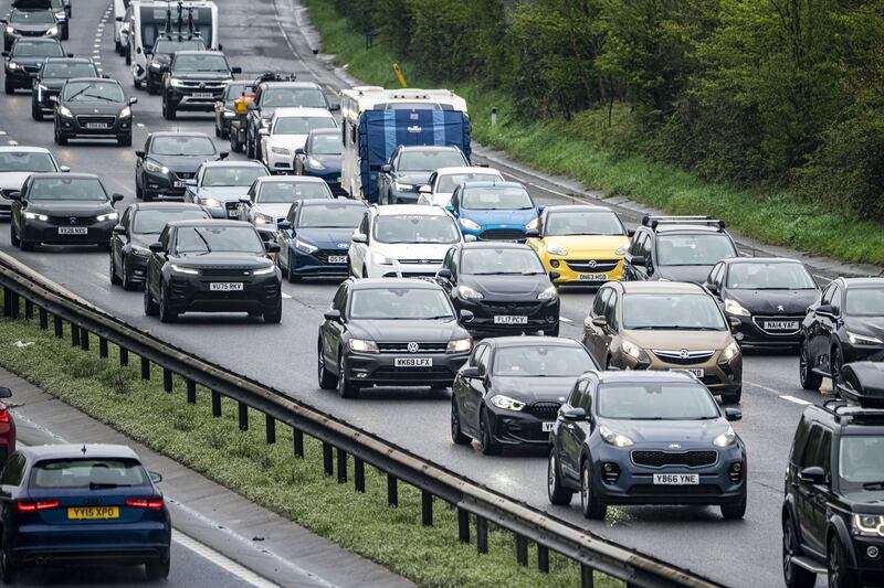 Traffic queues approaching the Almondsbury Interchange on the M5 motorway in South Gloucestershire