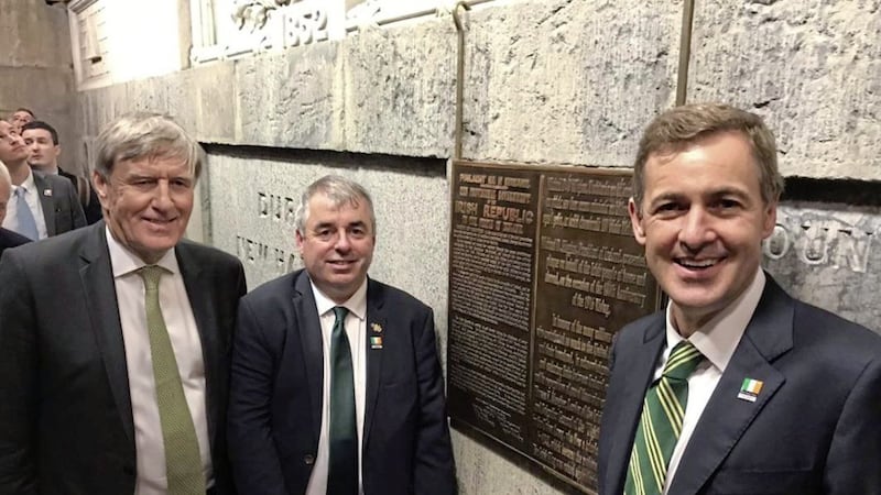 Minister of State Kevin Boxer Moran, Senator Mark Daly and Irish Ambassador to the US Dan Mulhall attended the unveiling. Picture by RT&Eacute; 