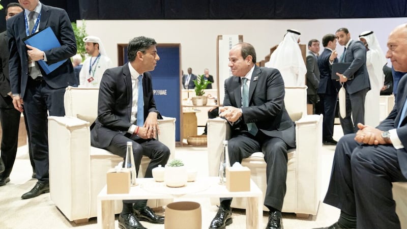 Prime Minister Rishi Sunak meets Egyptian President Abdel Fattah El-Sisi during a bilateral meeting at the COP28 summit in Dubai, where countries were seeking to mitigate the impact of a changing planet 