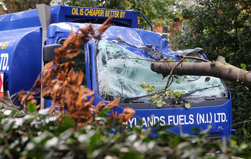 An oil delivery driver had a lucky escape when a large tree fell on his truck in Osborne Park in south Belfast. Picture by Mal McCann 