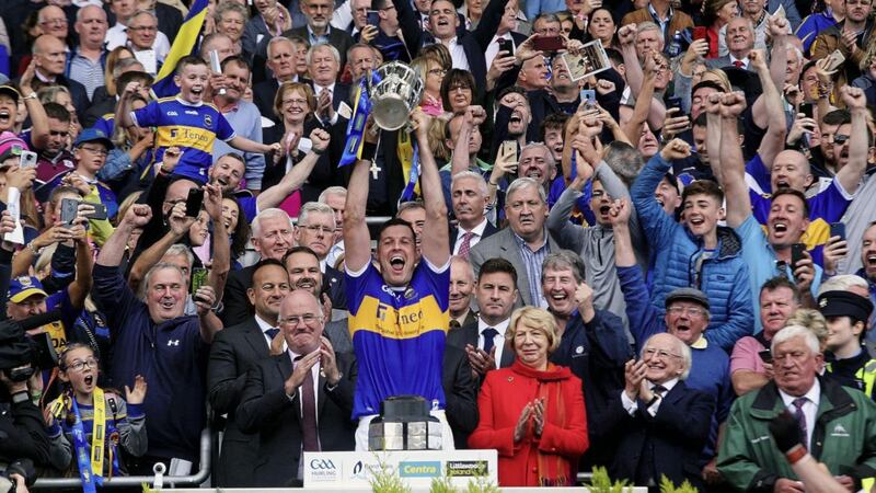 Tipperary&#39;s captain Seamus Callanan lifts the Liam MacCarthy Cup after Tipp defeated Kilkenny at Croke Park. Picture: Seamus Loughran. 