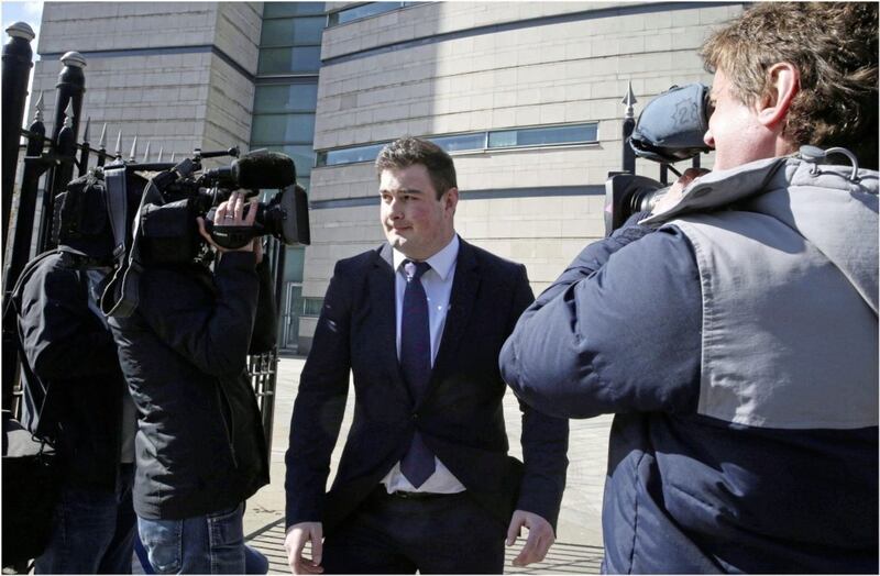 Rory Harrison on the wayout of court in Belfast not guilty Picture By Hugh Russell. 