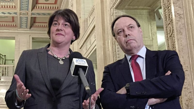 DUP leader Arlene Foster with deputy leader Nigel Dodds at Parliament Buildings in Stormont, Belfast. Picture by David Young, Press Association 